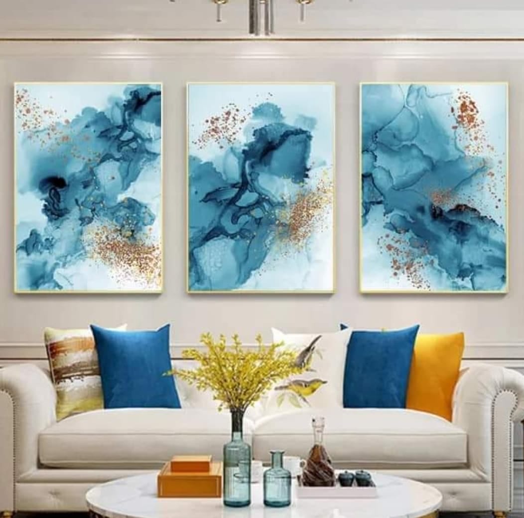 Quadro trittico moderno sfumature astratte grigio blu oro 45x80 e